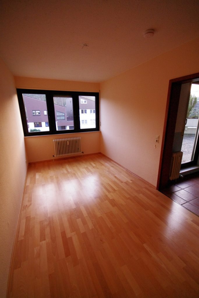 An empty bright room with glossy light hardwood flooring and dark-framed windows